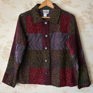 Vintage Coldwater Creek burgundy animal print patchwork cardigan tapestry jacket
